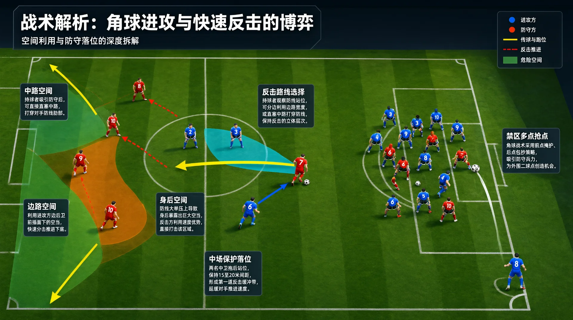足球战术俯视图：右侧禁区内蓝红球员聚集抢点；中圈两名蓝衣球员站位，一蓝衣球员逼近红衣持球者；黄色箭头与青、橙、绿色块标示中路、边路及身后空间，右上角附图例。