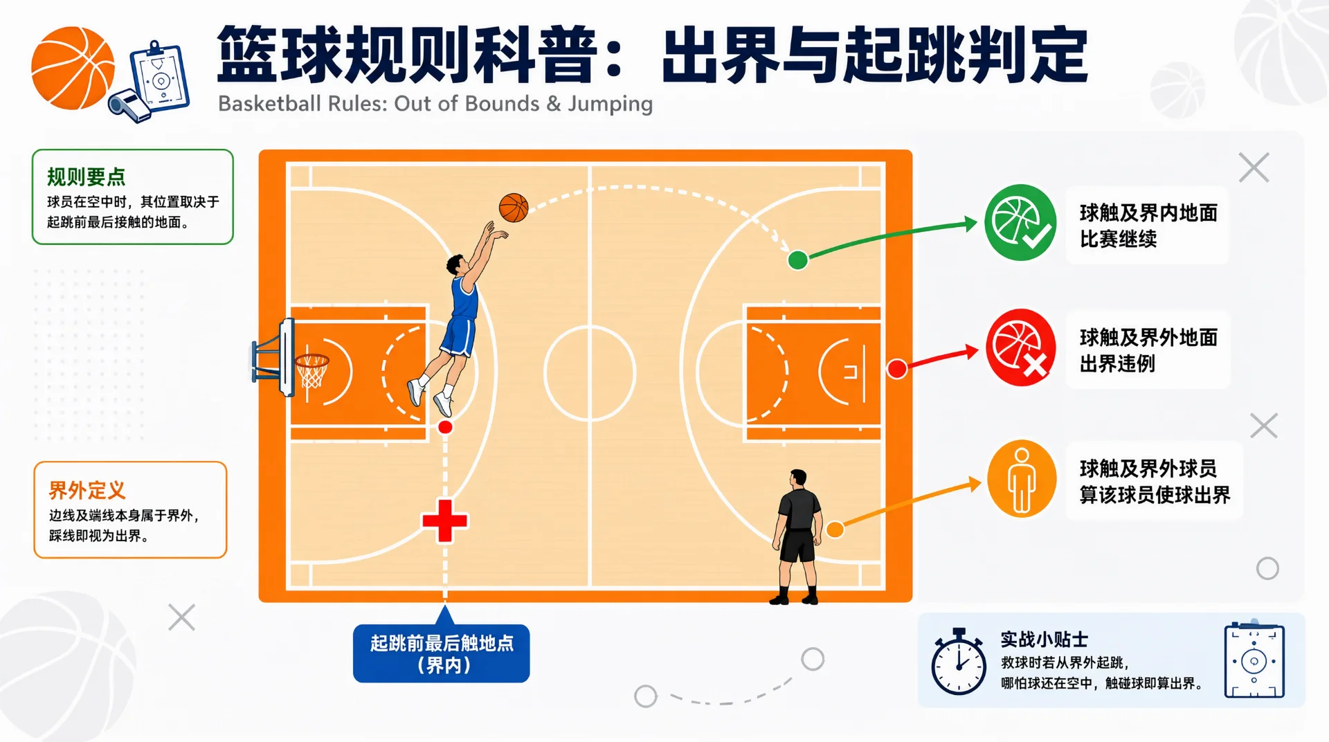 篮球规则科普示意图：俯视球场蓝衣球员腾空出手，虚线标其起跳前最后触地点在界内；箭头标示球触界内地面继续、触界外地面出界、触界外球员算其出界；场边站一黑衣球员。