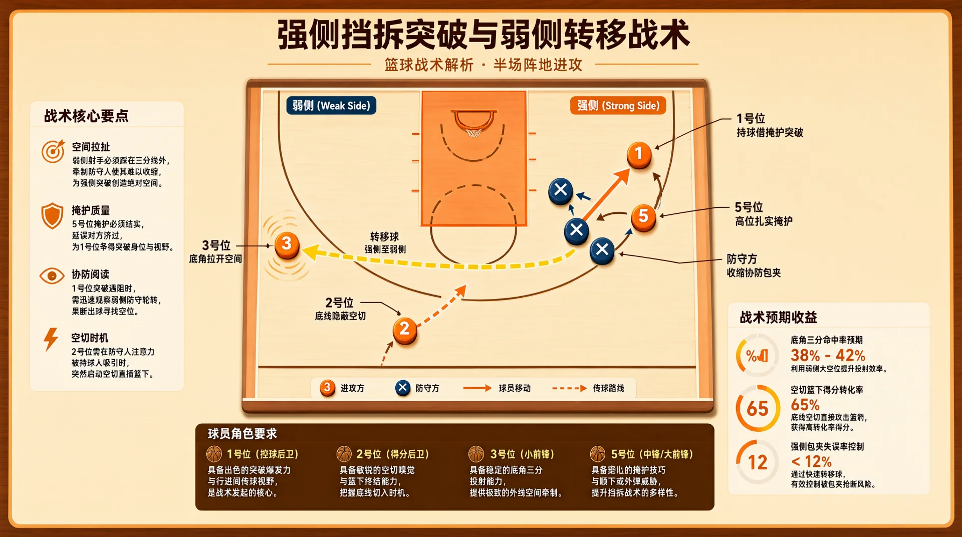 篮球战术板插图，标题“强侧挡拆突破与弱侧转移战术”：橙色编号圆圈为进攻方，蓝色叉号为防守方；箭头示1号突破、5号掩护、2号空切，虚线示球传至弱侧3号。